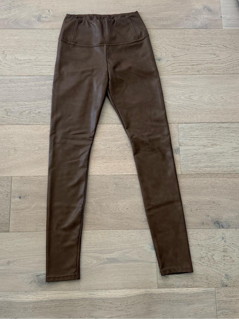 7 For All Mankind Brown Faux Leather Leggings Size S 27” Waist High Rise Pull On